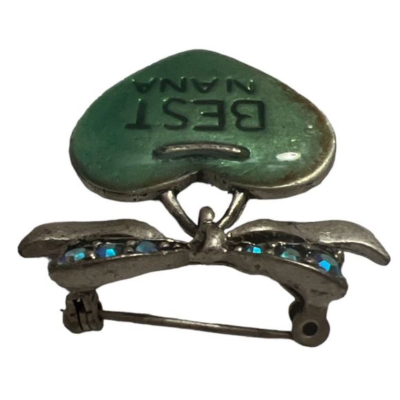 Vintage Distressed Best Nana Bow Crystals Heart Brooch Pin - Picture 3 of 5